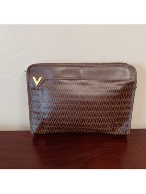 Mario Valentino Vintage Brown Coated Canvas Monogram Clutch